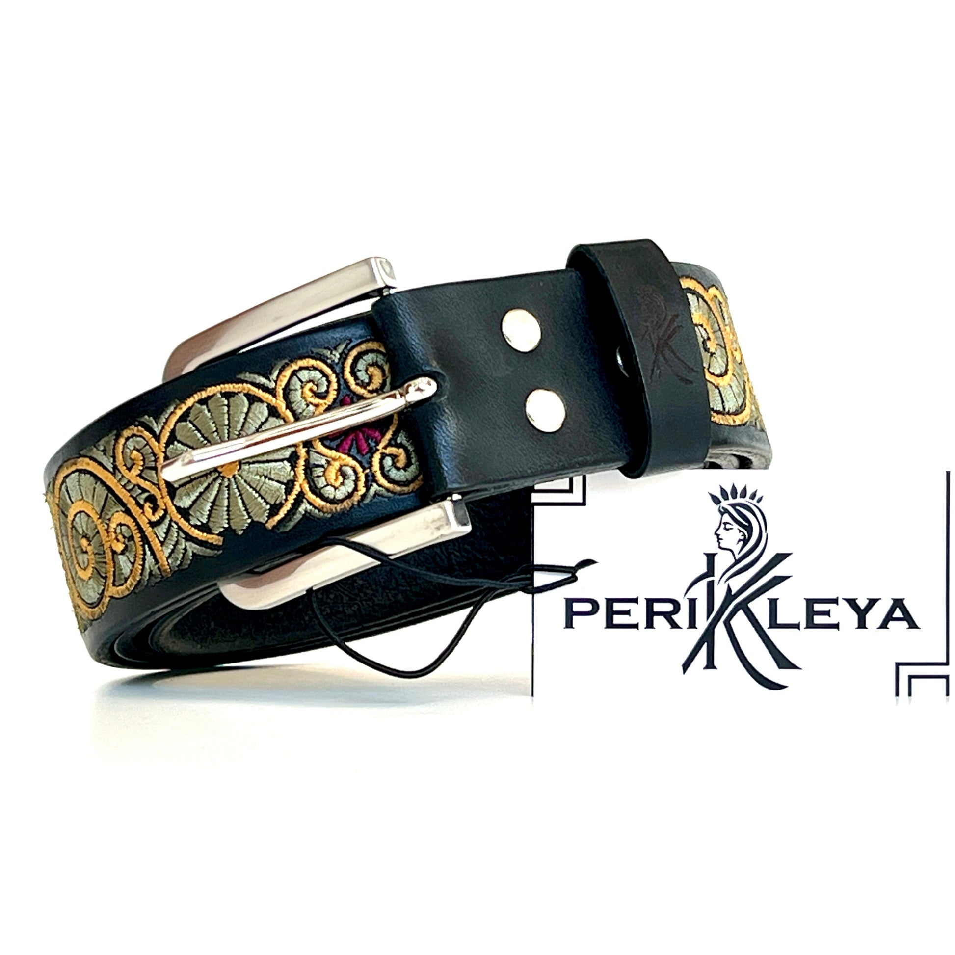 Cintura in vera pelle italiana artgianale ricamata con motivo a chiocciola gialla  e verde