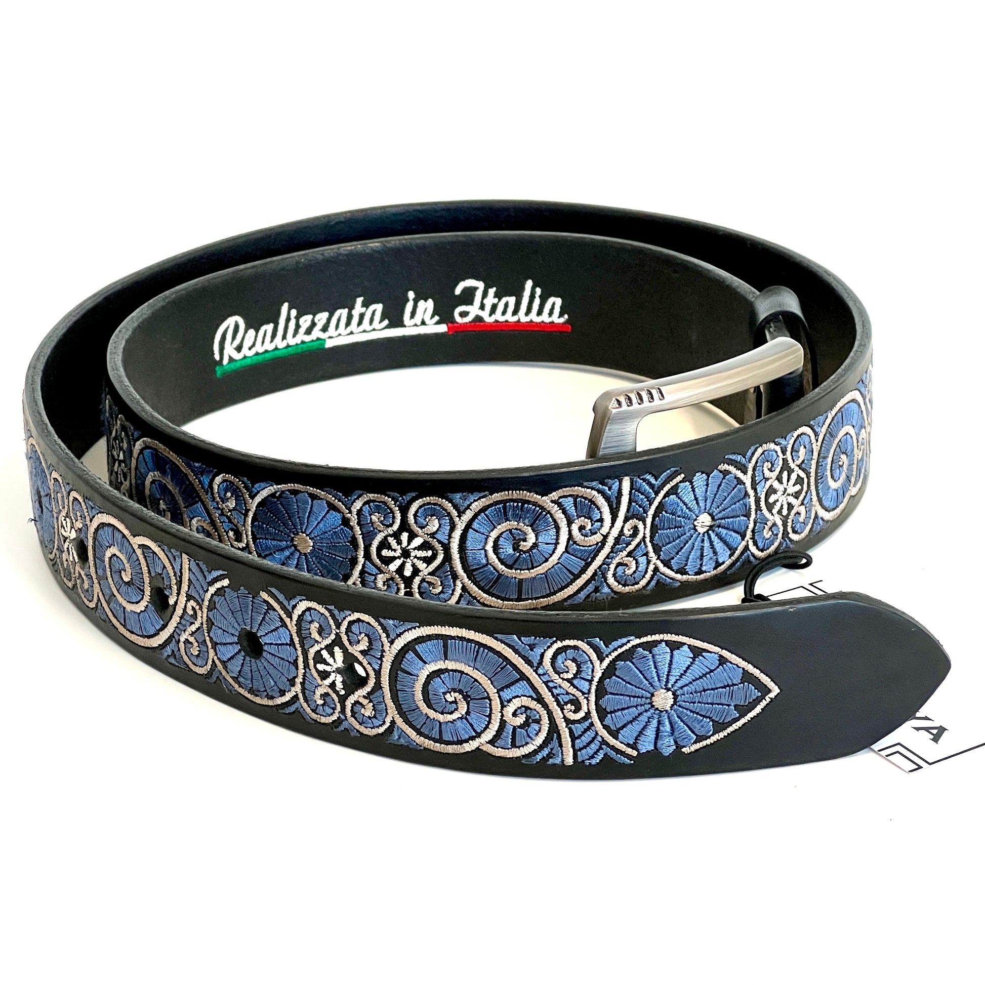 Cintura in vera pelle italiana con ricamo blue a chiocciola