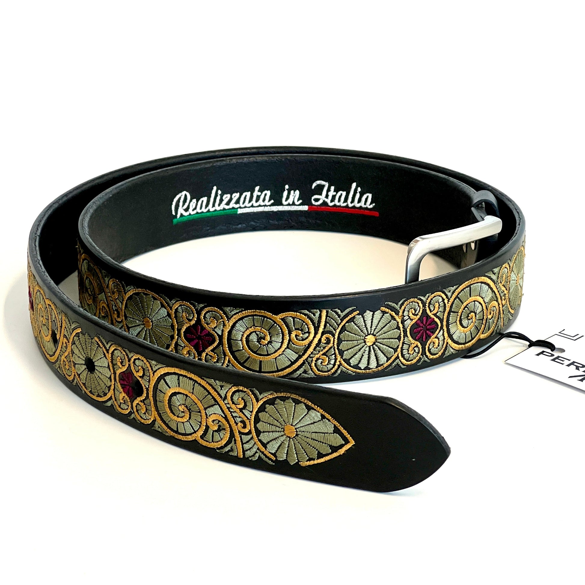 Cintura ricamata in vera pelle italiana con motivo a chiocciola verde