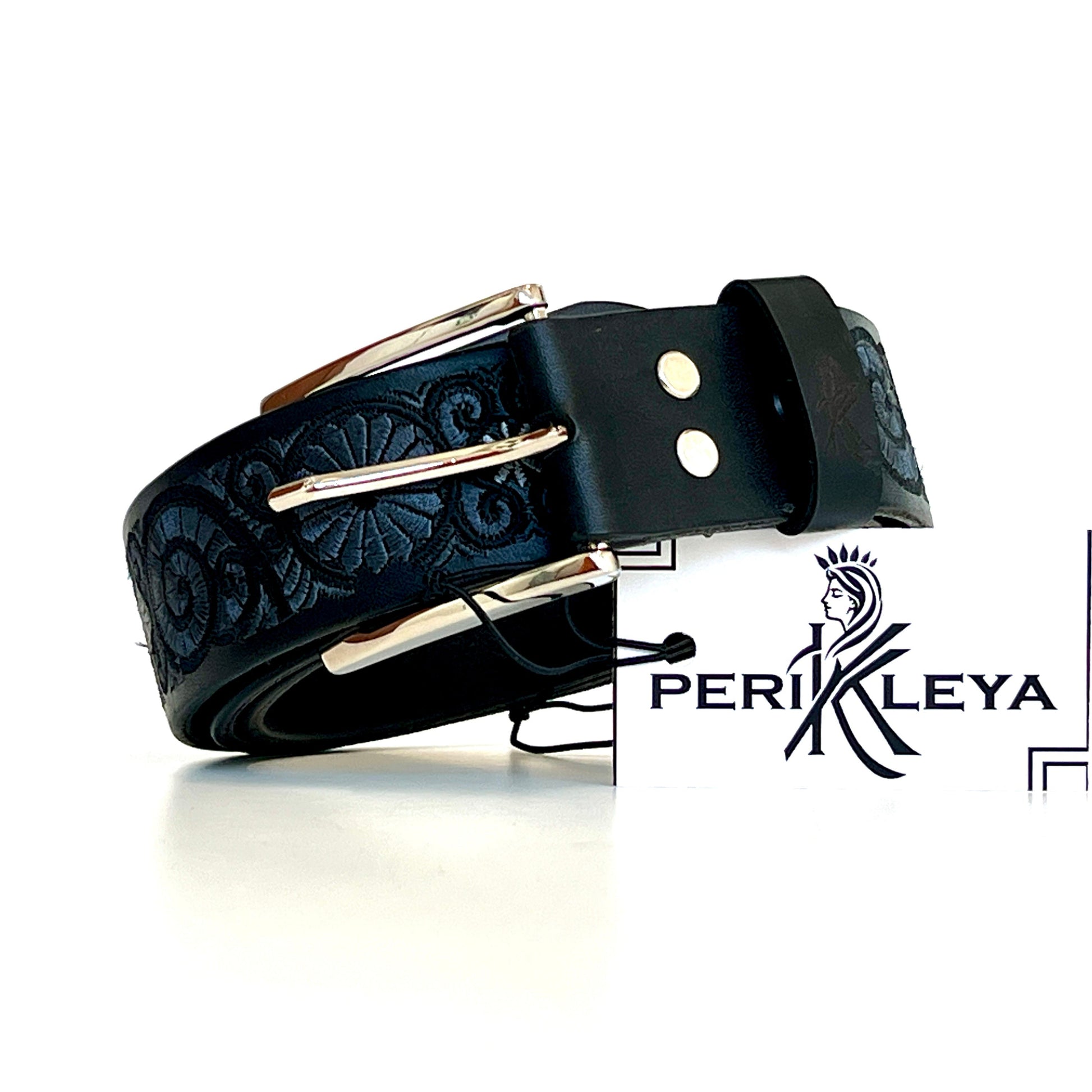 Cintura in vera pella, artigianale ricamata con motivo a chiocciola in colore ner e grigio